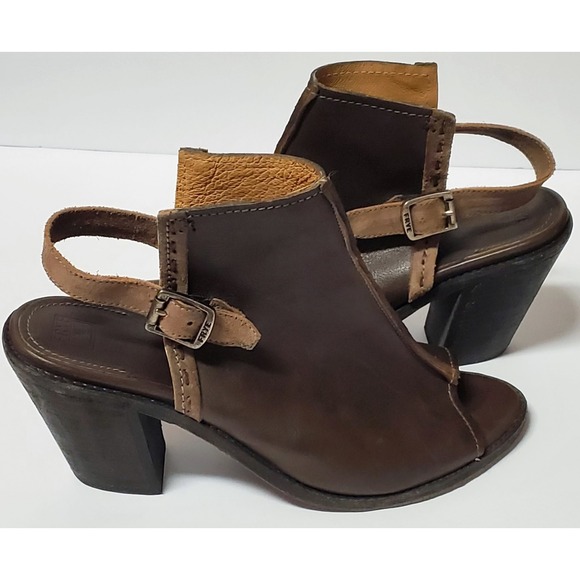 Frye Izzy Artisan Bootie/Mule 10 Brown Leather Chunky Heel Slingback Peep Toe - Picture 2 of 14
